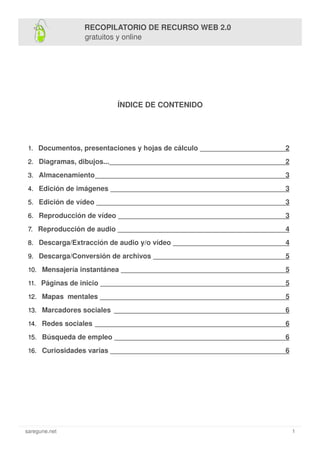 RECOPILATORIO DE RECURSO WEB 2.0 
gratuitos y online

ÍNDICE DE CONTENIDO

1.   Documentos, presentaciones y hojas de cálc...