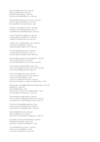 baritech@baritech.com.br
beatriz@novarh.com.br
bfgselec@bighost.com.br
bianca.machado@hroil.com.br
blumen@blumenconsultoria.com.br
bruna.aparecida@iss.com.br
brzjobs@nortelnetworks.com
camila.costa@vitrotec.com.br
carmen.silva@engeseg.com.br
carmen@solucaoempregos.com.br
carolina@novotemporh.com.br
claudia@novotempo-rh.com.br
comercial@parceirha.com.br
comercial_tem@supportrh.com.br
consultoria@tgeo.com.br
contacto@contacto-rh.com.br
contato@compassosrh.com.br
contato@contraterh.com.br
contato@fontesefontes.com.br
contato@insightrecrutamento.com.br
contato@vidrotec.com.br
contato@wowmultiservicos.com.br
cristiane.almeida@br.agc.com
curriculo@baserhconsultoria.com.br
curriculo@embratech.com.br
curriculo@parceirha.com.br
curriculo@proconsultrh.com.br
curriculo@rohmhaas.com
curriculos@centervale.com.br
desenvolvimento.negocios@hotmail.com
digitacao.sjcampos@globalempregos.com.br
edna@rhi.com.br
efsjcampos@ef.com
estrutura.consultoria@hotmail.com
ethieny@proeletronic.com.br
fernanda@nicempregos.com.br
filialjacarei@grupoconnecta.com.br
financeiro.ulbra@impactorh.com.br
flavia.miranda@grupotpc.com
flavia.santos@cebrace.com.br
flavia@atitudeempregos.com.br
gdk-rh@gdkonline.com.br
giovana@maiorh.com.br
glaucia.furlan@novotemporh.com.br
grupomultinacional@yahoo.com.br
headquarters@eu.agc.com
jacarei.impactorh@gmail.com
josiane@rhfuncional.com.br
jssica.carla@gmail.com
juliana.vaz@hroil.com.br
 