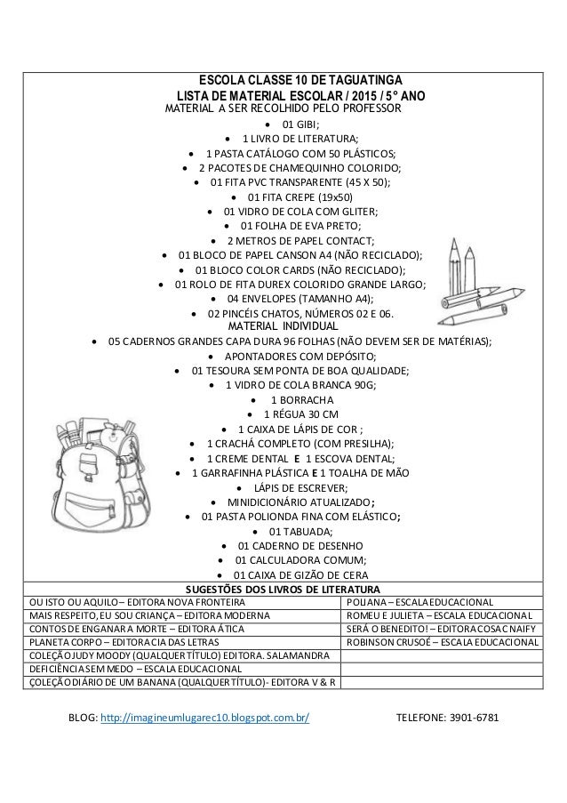 LISTA DE MATERIAL ESCOLAR 5 ANO