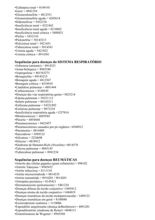 •Eclâmpsia renal = 8149141
•Gera! = 8941254
•Glomerulonefrite = 4812351
•Glomerulonefrite aguda = 4285614
•Hidronefrose = 5432154
•Insuficiência renal = 4321843
•Insuficiência renal aguda = 8218882
•Insuficiência renal crônica = 5488821
•Pielite = 5432110
•Pielonefrite = 58143213
•Policistose renal = 5421451
•Tuberculose renal = 5814543
•Uremia aguda = 5421822
•Uremia crônica = 8914381
Sequências para doenças do SISTEMA RESPIRATÓRIO
•Asbestose (amianto) = 4814321
•Asma brônquica = 8943548
•Asperguilose = 481543271
•Bronquiolite = 89143215
•Bronquite aguda = 4812567
•Bronquite crônica = 4218910
•Candidose pulmonar = 4891444
•Carboconioses = 8148545
•Doenças das vias respiratórias gerais =5823214
•Edema pulmonar = 54321112
•Infarto pulmonar = 89143211
•Enfisema pulmonar = 54321892
•Esclerose pulmonar = 9871234
•Insuficiência respiratória aguda =1257814
•Metaloconioses = 4845584
•Pleurite = 4854444
•Pneumoconioses = 8423457
•Pneumoconioses causados por pó orgânico =4548912
•Pneumonia = 4814489
•Sarcoidrose = 4589123
•Silicatose = 2224698
•Silicose = 4818912
•Síndrome de Hamann-Rich (Alveolite) =4814578
•Talcose pulmonar = 4845145
•Tuberculose pulmonar = 8941234
Sequências para doenças REUMÁTICAS
•Arterite das células gigantes (giant cellarterite) = 998102
•Arterite Takayasu = 8945432
•Artrite infecciosa = 8111110
•Artrite microcristaloide = 0014235
•Artrite reumatóide = 8914201 / 9814201
•Artropatia psoriásica = 0145421
•Dermatomiosite (poliomiosite) = 5481234
•Doenças difusas do tecido conjuntivo =5485812
•Doenças mistas do tecido conjuntivo =1484019
•Doenças reumáticas do tecido moleparavascular - 1489123
•Doenças reumáticas em geral = 8148888
•Esclerodermite sistêmica = 1110006
•Espondilite anquilosante (doença deBechterew) = 4891201
•Espondiloartrite (síndrome de Reiter) =4848111
•Granulomatose de Wegener = 8943568
 