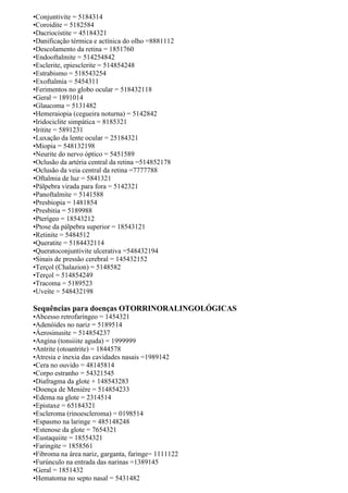 •Conjuntivite = 5184314
•Coroidite = 5182584
•Dacriocistite = 45184321
•Danificação térmica e actínica do olho =8881112
•Descolamento da retina = 1851760
•Endooftalmite = 514254842
•Esclerite, epiesclerite = 514854248
•Estrabismo = 518543254
•Exoftalmia = 5454311
•Ferimentos no globo ocular = 518432118
•Geral = 1891014
•Glaucoma = 5131482
•Hemeraiopia (cegueira noturna) = 5142842
•Iridociclite simpática = 8185321
•Iritite = 5891231
•Luxação da lente ocular = 25184321
•Miopia = 548132198
•Neurite do nervo óptico = 5451589
•Oclusão da artéria central da retina =514852178
•Oclusão da veia central da retina =7777788
•Oftalmia de luz = 5841321
•Pálpebra virada para fora = 5142321
•Panoftalmite = 5141588
•Presbiopia = 1481854
•Presbitia = 5189988
•Pterígeo = 18543212
•Ptose da pálpebra superior = 18543121
•Retinite = 5484512
•Queratite = 5184432114
•Queratoconjuntivite ulcerativa =548432194
•Sinais de pressão cerebral = 145432152
•Terçol (Chalazion) = 5148582
•Terçol = 514854249
•Tracoma = 5189523
•Uveíte = 548432198
Sequências para doenças OTORRINORALINGOLÓGICAS
•Abcesso retrofaríngeo = 1454321
•Adenóides no nariz = 5189514
•Áerosinusite = 514854237
•Angina (tonsiiite aguda) = 1999999
•Antrite (otoantrite) = 1844578
•Atresia e inexia das cavidades nasais =1989142
•Cera no ouvido = 48145814
•Corpo estranho = 54321545
•Diafragma da glote + 148543283
•Doença de Meniére = 514854233
•Edema na glote = 2314514
•Epistaxe = 65184321
•Escleroma (rinoescleroma) = 0198514
•Espasmo na laringe = 485148248
•Estenose da glote = 7654321
•Eustaquiite = 18554321
•Faringite = 1858561
•Fibroma na área nariz, garganta, faringe= 1111122
•Furúnculo na entrada das narinas =1389145
•Geral = 1851432
•Hematoma no septo nasal = 5431482
 