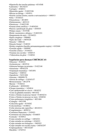 •Hipertrofia das tonsilas palatinas =4514548
•Labirintite = 48154219
•Laringite = 4548511
•Mastoidite aguda = 514832186
•Micose na faringe = 1454511
•Neurite coclear (tinitus, neurite e nervoacústico) = 1488513
•Otite = 55184321
•Otoesclerose = 4814851
•Otohematoma = 4853121
•Otomicose = 514832188
•Ozaena (rínite atrófica) = 514854241
•Paresia e paralisação da glote = 1854555
•Pólipos nasais = 5519740
•Rinite vasomotora e alérgica = 514852351
•Sangramento do nariz = 65184321
•Sepsis otogênea = 5900001
•Septo desviado = 14854328
•Sinusite = 1800124
•Sinusite frontal = 5148322
•Stridor congênito (barulho permanentequando respira) = 4185444
•Tonsilite aguda = 1999999
•Tonsilite crônica = 35184321
•Traumas nos ouvidos = 4548515
• Tuberculose da glote = 5148541
Sequências para doenças CIRÚRGICAS
•Abscesso = 8148321
•Actinomicose = 4832514
•Adenoma benigno na próstata = 51432144
•Aneurisma = 48543218
•Amputação traumática = 5451891
•Anquilose = 1848522
•Apendicite = 54321484
•Ateroma = 888888179
•Atresia do esôfago = 518543157
•Broncoectasias = 4812578
•Bursite = 75184321
•Carbúnculo = 483854381
•Choque traumático = 1454814
•Cisto epidermoidal no cóccix = 9018532
• Cisto na glândula mamária =4851432
•Cistos e fístulas no pescoço lateral =514854214
•Cistos e fístulas no pescoço no meio =4548541
•Cistos pulmonares congênitos = 4851484
•Colangite = 8431548
•Colecistite aguda = 4154382
•Colecistolitíase = 0148012
•Colite ulcerosa não específica = 48143211
•Congelamentos = 4858514
•Contratura Dupuytren = 5185421
•Contraturas nas articulações = 8144855
•Contusão = 0156912
•Corpo estranho no esôfago = 14854321
•Corpo estranho no estômago = 8184321
•Corpo estranho nos brônquios = 5485432
•Corpo estranho nos tecidos moles =148543297
•Criptorquidismo = 485143287
•Decúbito = 6743514
 