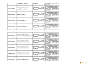 Y MATERIALES SA DE CV Estratégica. del Código Fiscal de la
Federación.
EUI101025GA3
EDIFICACIONES URBANAS
INTELIGENTES SA DE CV
Administración Central
de Fiscalización
Estratégica.
Se informa que se ha ubicado
en el supuesto previsto en el
artículo 69-B, primer párrafo
del Código Fiscal de la
Federación.
FRA010629TB5 FRAPELO SA DE CV
Administración Central
de Fiscalización
Estratégica.
Se informa que se ha ubicado
en el supuesto previsto en el
artículo 69-B, primer párrafo
del Código Fiscal de la
Federación.
GBO0908208E6 GRUPO BODEBU SC
Administración Central
de Fiscalización
Estratégica.
Se informa que se ha ubicado
en el supuesto previsto en el
artículo 69-B, primer párrafo
del Código Fiscal de la
Federación.
GCO080710L11 GRUPO CONDONA SC
Administración Central
de Fiscalización
Estratégica.
Se informa que se ha ubicado
en el supuesto previsto en el
artículo 69-B, primer párrafo
del Código Fiscal de la
Federación.
GCS100319GI7
GRUPO COMERCIAL Y DE
SERVICIOS VETRUBIO SA DE CV
Administración Central
de Fiscalización
Estratégica.
Se informa que se ha ubicado
en el supuesto previsto en el
artículo 69-B, primer párrafo
del Código Fiscal de la
Federación.
GCS100324AV1
GRUPO COMERCIAL Y DE
SERVICIOS MANMI SA DE CV
Administración Central
de Fiscalización
Estratégica.
Se informa que se ha ubicado
en el supuesto previsto en el
artículo 69-B, primer párrafo
del Código Fiscal de la
Federación.
GCT061128BR1
GRUPO COMERCIAL Y DE
SERVICIOS ARIES SA DE CV
Administración Central
de Fiscalización
Estratégica.
Se informa que se ha ubicado
en el supuesto previsto en el
artículo 69-B, primer párrafo
del Código Fiscal de la
Federación.
GFA081020497
GRIP FORUM ARTE, DISEÑO Y
CINEMATOGRAFIA SA DE CV
Administración Central
de Fiscalización
Estratégica.
Se informa que se ha ubicado
en el supuesto previsto en el
artículo 69-B, primer párrafo
del Código Fiscal de la
Federación.
GGU101027E42 GRUPO GUBAMO SA DE CV
Administración Central
de Fiscalización
Estratégica.
Se informa que se ha ubicado
en el supuesto previsto en el
artículo 69-B, primer párrafo
del Código Fiscal de la
PDFmyURL.com
 