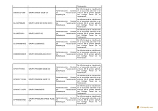 Federación.
GIS080327LW9 GRUPO ISNOS SA DE CV
Administración Central
de Fiscalización
Estratégica.
Se informa que se ha ubicado
en el supuesto previsto en el
artículo 69-B, primer párrafo
del Código Fiscal de la
Federación.
GLI040729JX2 GRUPO LIFAR SC DE RL DE CV
Administración Central
de Fiscalización
Estratégica.
Se informa que se ha ubicado
en el supuesto previsto en el
artículo 69-B, primer párrafo
del Código Fiscal de la
Federación.
GLI080710IS2 GRUPO LIGETI SC
Administración Central
de Fiscalización
Estratégica.
Se informa que se ha ubicado
en el supuesto previsto en el
artículo 69-B, primer párrafo
del Código Fiscal de la
Federación.
GLO0909309K2 GRUPO LODEMA SC
Administración Central
de Fiscalización
Estratégica.
Se informa que se ha ubicado
en el supuesto previsto en el
artículo 69-B, primer párrafo
del Código Fiscal de la
Federación.
GME090305EV5 GRUPO MEGANELA SA DE CV
Administración Central
de Fiscalización
Estratégica.
Se informa que se ha ubicado
en el supuesto previsto en el
artículo 69-B, primer párrafo
del Código Fiscal de la
Federación.
GPA061110NI2 GRUPO PAIGMEN SA DE CV
Administración Central
de Fiscalización
Estratégica.
Se informa que se ha ubicado
en el supuesto previsto en el
artículo 69-B, primer párrafo
del Código Fiscal de la
Federación.
GPA080715KM4 GRUPO PAGNOM SA DE CV
Administración Central
de Fiscalización
Estratégica.
Se informa que se ha ubicado
en el supuesto previsto en el
artículo 69-B, primer párrafo
del Código Fiscal de la
Federación.
GPA080725GP3 GRUPO PANOME AC
Administración Central
de Fiscalización
Estratégica.
Se informa que se ha ubicado
en el supuesto previsto en el
artículo 69-B, primer párrafo
del Código Fiscal de la
Federación.
GPR080305435
GRUPO PRODUNA SPR DE RL DE
CV
Administración Central
de Fiscalización
Estratégica.
Se informa que se ha ubicado
en el supuesto previsto en el
artículo 69-B, primer párrafo
del Código Fiscal de la
Federación.
PDFmyURL.com
 