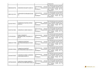 Federación.
CBE090630T36 CONSORCIO BEJART SA DE CV
Administración Central
de Fiscalización
Estratégica.
Se informa que se ha ubicado
en el supuesto previsto en el
artículo 69-B, primer párrafo
del Código Fiscal de la
Federación.
CBR101027440
CORPORATIVO BRUVASA SA DE
CV
Administración Central
de Fiscalización
Estratégica.
Se informa que se ha ubicado
en el supuesto previsto en el
artículo 69-B, primer párrafo
del Código Fiscal de la
Federación.
CCA100119TZ3
COMERCIALIZADORA CATANIA
SA DE CV
Administración Central
de Fiscalización
Estratégica.
Se informa que se ha ubicado
en el supuesto previsto en el
artículo 69-B, primer párrafo
del Código Fiscal de la
Federación.
CCA101027D90 CONSORCIO CAPAC SA DE CV
Administración Central
de Fiscalización
Estratégica.
Se informa que se ha ubicado
en el supuesto previsto en el
artículo 69-B, primer párrafo
del Código Fiscal de la
Federación.
CCI100302QYA
COINI, COMERCIO
INTERNACIONAL INTEGRAL SA
DE CV
Administración Central
de Fiscalización
Estratégica.
Se informa que se ha ubicado
en el supuesto previsto en el
artículo 69-B, primer párrafo
del Código Fiscal de la
Federación.
CDB020911PWA
COMERCIALIZADORA Y
DISTRIBUIDORA BIBLOS SA DE
CV
Administración Central
de Fiscalización
Estratégica.
Se informa que se ha ubicado
en el supuesto previsto en el
artículo 69-B, primer párrafo
del Código Fiscal de la
Federación.
CDC0803109MA
COMERCIALIZADORA Y
DISTRIBUIDORA CADIZ SA DE CV
Administración Central
de Fiscalización
Estratégica.
Se informa que se ha ubicado
en el supuesto previsto en el
artículo 69-B, primer párrafo
del Código Fiscal de la
Federación.
CDC0805169C5
CONSTRUCCIONES Y DISEÑOS
CONSTANZA SA DE CV
Administración Central
de Fiscalización
Estratégica.
Se informa que se ha ubicado
en el supuesto previsto en el
artículo 69-B, primer párrafo
del Código Fiscal de la
Federación.
CDP090306NH9
CONSTRUCCIONES DISEÑOS Y
PROYECTOS EMPORIO SA DE CV
Administración Central
de Fiscalización
Estratégica.
Se informa que se ha ubicado
en el supuesto previsto en el
artículo 69-B, primer párrafo
del Código Fiscal de la
Federación.
PDFmyURL.com
 