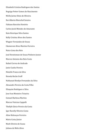 Elizabeth Cristina Rodrigues dos Santos

Rogrigo Petter Gomes do Nascimento

Mirlla Jarine Diniz de Oliveira

Rui Alberto Marechal Saraiva

Fabiano Barcelos Honório

Carlos Jociel Mendes do Amarante

Kaio Henrique Silva Santos

Kelly Cristina Alves dos Santos

Wagner Fernandes de Souza

Ckemerom Alves Martins Ferreira

Naice Lima dos Reis

José Doratisman de Sousa Pinheiro Junior

Marcos Antonio dos Reis Costa

Rafael Correa de Andrade

Janio Cunha Pereira

Ninielle Franco da Silva

Brenda Reche Graff

Nathanael Bonfyn Fernandes da Silva

Alexandre Pereira da Costa Filho

Eliaquim Rodrigues e Silva

Jose Iran Monteiro Teixeira

Gemael Barbosa Martins

Marcos Vinicius Cappelli

Thellyb Gleice Pereira da Costa

Igor Ravelly Oliveira Costa

Aline Rebouças Ferreira

Mário Costa Júnior

Mark Silveira de Souza

Juliana de Melo Alves
 