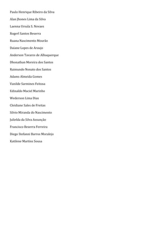 Paulo Henrique Ribeiro da Silva

Alan Jhones Lima da Silva

Laenna Ursula S. Novaes

Rogerl Santos Beserra

Ruana Nascimento Mourão

Daiane Lopes de Araujo

Anderson Tavares de Albuquerque

Dhonathan Moreira dos Santos

Raimundo Nonato dos Santos

Adams Almeida Gomes

Vanilde Sarmines Feitosa

Edinaldo Maciel Marinho

Wederson Lima Dias

Cleidiane Sales de Freitas

Silvio Miranda do Nascimento

Julielda da Silva Assunção

Francisco Bezerra Ferreira

Diego Stefanni Barros Moralejo

Katilene Martins Sousa
 