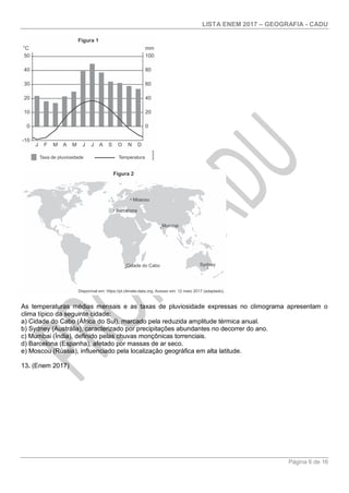 LISTA ENEM 2017 – GEOGRAFIA - CADU
Página 6 de 16
As temperaturas médias mensais e as taxas de pluviosidade expressas no climograma apresentam o
clima típico da seguinte cidade:
a) Cidade do Cabo (África do Sul), marcado pela reduzida amplitude térmica anual.
b) Sydney (Austrália), caracterizado por precipitações abundantes no decorrer do ano.
c) Mumbai (Índia), definido pelas chuvas monçônicas torrenciais.
d) Barcelona (Espanha), afetado por massas de ar seco.
e) Moscou (Rússia), influenciado pela localização geográfica em alta latitude.
13. (Enem 2017)
 