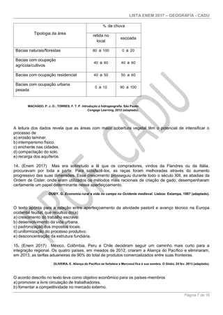 LISTA ENEM 2017 – GEOGRAFIA - CADU
Página 7 de 16
Tipologia da área
% de chuva
retida no
local
escoada
Bacias naturais/florestas 80 a 100 0 a 20
Bacias com ocupação
agrícola/cultivos
40 a 60 40 a 60
Bacias com ocupação residencial 40 a 50 50 a 60
Bacias com ocupação urbana
pesada
0 a 10 90 a 100
MACHADO, P. J. O.; TORRES, F. T. P. Introdução à hidrogeografia. São Paulo:
Cengage Learning, 2012 (adaptado).
A leitura dos dados revela que as áreas com maior cobertura vegetal têm o potencial de intensificar o
processo de
a) erosão laminar.
b) intemperismo físico.
c) enchente nas cidades.
d) compactação do solo.
e) recarga dos aquíferos.
14. (Enem 2017) Mas era sobretudo a lã que os compradores, vindos da Flandres ou da Itália,
procuravam por toda a parte. Para satisfazê-los, as raças foram melhoradas através do aumento
progressivo das suas dimensões. Esse crescimento prosseguiu durante todo o século XIII, as abadias da
Ordem de Cister, onde eram utilizados os métodos mais racionais de criação de gado, desempenharam
certamente um papel determinante nesse aperfeiçoamento.
DUBY. G. Economia rural e vida no campo no Ocidente medieval. Lisboa: Estampa, 1987 (adaptado).
O texto aponta para a relação entre aperfeiçoamento da atividade pastoril e avanço técnico na Europa
ocidental feudal, que resultou do(a)
a) crescimento do trabalho escravo.
b) desenvolvimento da vida urbana.
c) padronização dos impostos locais.
d) uniformização do processo produtivo.
e) desconcentração da estrutura fundiária.
15. (Enem 2017) México, Colômbia, Peru e Chile decidiram seguir um caminho mais curto para a
integração regional. Os quatro países, em meados de 2012, criaram a Aliança do Pacífico e eliminaram,
em 2013, as tarifas aduaneiras de 90% do total de produtos comercializados entre suas fronteiras.
OLIVEIRA, E. Aliança do Pacífico se fortalece e Mercosul fica à sua sombra. O Globo, 24 fev. 2013 (adaptado).
O acordo descrito no texto teve como objetivo econômico para os países-membros
a) promover a livre circulação de trabalhadores.
b) fomentar a competitividade no mercado externo.
 