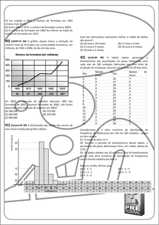 (C) Em relação a 1982, o número de formados em 1992
cresceu mais de 4%.
(D) Entre 1962 e 1972, o número de formados cresceu 385%.
(E) O número de formados em 1982 foi inferior ao triplo do
número de formados em 1972.
                                                             Qual das alternativas representa melhor a média de idades
40)  (UESPI-PI 04) O gráfico abaixo ilustra a evolução do    dos alunos?
número total de formados nas universidades brasileiras, em   (A) 16 anos e 10 meses.          (B) 17 anos e 1 mês.
milhares, de 1962 a 2002, de dez em dez anos.                (C) 17 anos e 5 meses.           (D) 18 anos e 6 meses.
                                                             (E) 19 anos e 2 meses.

                                                             42)    (UnB-DF 99) A tabela abaixo apresenta o
                                                             levantamento das quantidades de peças defeituosas para
                                                             cada lote de 100 unidades fabricadas em uma linha de
                                                             produção de autopeças, durante um período de 30 dias úteis.
                                                                          Número     de                 Número      de
                                                               Dia                     Dia
                                                                          peças                         peças
                                                               1          defeituosas 16
                                                                          6                             defeituosas
                                                                                                        7
                                                               2          4            17               5
                                                               3          3            18               6
                                                               4          4            19               4
                                                               5          2            20               3
                                                               6          4            21               2
                                                               7          3            22               6
Em 2003, o mercado de trabalho absorveu 40% dos                8          5            23               3
formados de 2002. Quantos formados de 2002, não foram          9          1            24               5
absorvidos pelo mercado de trabalho em 2003?                   10         2            25               2
(A) 280.200                      (B) 270.300                   11         1            26               1
(C) 260.400                      (D) 250.500                   12         5            27               3
(E) 260.600                                                    13         4            28               2
                                                               14         1            29               5
                                                               15         3            30               7
41) (Fuvest-SP 99) A distribuição das idades dos alunos de
uma classe é dada pelo gráfico abaixo.                       Considerando S a série numérica de distribuição de
                                                             freqüência de defeituosas por lote de 100 unidades , julgue
                                                             os itens abaixo.
      número de alunos




                                                             01. A moda da série S é 5.
                         23                                  02. Durante o período de levantamento desses dados, o
                                                             percentual de peças defeituosas ficou, em média, abaixo de
                         20                                  3,7%.
                                                             03. Os dados obtidos nos 10 primeiros dias do levantamento
                                                             geram uma série numérica de distribuição de frequências
                                                             com a mesma mediana da série S.

                                                             Pode-se, então, afirmar que:
                         10                                  (A) F - F - F                   (B) F - V - F
                                                             (C) V - V - F                   (D) V - F - V
                         05                                  (E) F - F - V
                         02

                              16 17 18 19 20
                                    idade (anos)
 