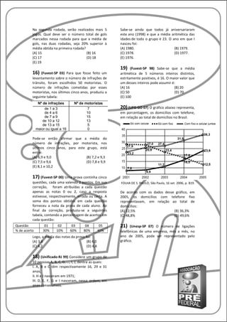 Na segunda rodada, serão realizados mais 5           Sabe-se ainda que todos já aniversariaram
          jogos. Qual deve ser o número total de gols          este ano (1998) e que a média aritmética das
          marcados nessa rodada para que a média de            idades de todo o grupo é 23. O ano em que I
          gols, nas duas rodadas, seja 20% superior à          nasceu foi:
          média obtida na primeira rodada?                     (A) 1980.                       (B) 1979.
          (A) 15                           (B) 16              (C) 1978.                       (D) 1977.
          (C) 17                           (D) 18              (E) 1976.
          (E) 19
                                                               19)    (Fuvest-SP 98) Sabe-se que a média
          16)   (Fuvest-SP 03) Para que fosse feito um         aritmética de 5 números inteiros distintos,
          levantamento sobre o número de infrações de          estritamente positivos, é 16. O maior valor que
          trânsito, foram escolhidos 50 motoristas. O          um desses inteiros pode assumir é:
          número de infrações cometidas por esses              (A) 16                            (B) 20
          motoristas, nos últimos cinco anos, produziu a       (C) 50                            (D) 70
          seguinte tabela:                                     (E) 100

                                                               20) (UFG-GO 07) O gráfico abaixo representa,
                                                               em porcentagem, os domicílios com telefone,
                                                               em relação ao total de domicílios no Brasil.




          Pode-se então afirmar que a média do
          número de infrações, por motorista, nos
          últimos cinco anos, para este grupo, está
          entre:
          (A) 6,9 e 9,0                 (B) 7,2 e 9,3
          (C) 7,5 e 9,6                 (D) 7,8 e 9,9
          (E) 8,1 e 10,2

          17) (Fuvest-SP 00) Uma prova continha cinco
          questões, cada uma valendo 2 pontos. Em sua          FOLHA DE S. PAULO, São Paulo, 16 set. 2006, p. B19.
          correção, foram atribuídas a cada questão
          apenas as notas 0 ou 2, caso a resposta              De acordo com os dados desse gráfico, em
          estivesse, respectivamente, errada ou certa. A       2005, os domicílios com telefone fixo
          soma dos pontos obtidos em cada questão              representavam, em relação ao total de
          forneceu a nota da prova de cada aluno. Ao           domicílios:
          final da correção, produziu-se a seguintes           (A) 12,5%                   (B) 36,3%
          tabela, contendo a porcentagem de acertos em         (C) 48,8%                   (D) 49,6%
          cada questão:
Questão          01        02       03       04        05      21)   (Unesp-SP 07) O número de ligações
% de acerto     30%       10%      60%      80%       40%      telefônicas de uma empresa, mês a mês, no
          Logo, a média das notas da prova foi:                ano de 2005, pode ser representado pelo
          (A) 3,8                           (B) 4,0            gráfico.
          (C) 4,2                           (D) 4,4

          18) (Unificado-RJ 99) Considere um grupo de
          10 pessoas A, B, C, D, ..., I, J, dentre as quais:
          I. A, B e C têm respectivamente 16, 29 e 31
          anos;
          II. H e J nasceram em 1971;
          III. D, E, F, G e I nasceram, nessa ordem, em
          anos consecutivos.
 