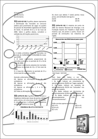 (C) 4 árvores.
(D) 18 árvores.                                    Ao aluno que obteve 7 (sete) pontos nessa
(E) 10 árvores.                                    prova, será atribuída nota igual a:
                                                   (A) 63                              (B) 78
31) (UEG-GO 06) O gráfico abaixo representa        (C) 88                              (D) 93
a distribuição das inscrições ao concurso
público para provimento de vagas no quadro         33)   (UFPel-RS 06) O relatório de junho de
de pessoal da Assembléia Legislativa do Estado     2005 do Sistema Nacional de Emprego e da
de Goiás, no período de 8 a 17 de maio de          Fundação Gaúcha do Trabalho e Ação Social
2006. Sobre o gráfico abaixo, considere a          mostrou que, de janeiro a junho, houve um
validade das afirmações posteriores.               período de entressafra nas indústrias da
                                                   região.




I. A média aritmética diária de inscrições no
período de 15/05/2006 a 17/05/2006 foi maior
que 8.900.
II. O maior crescimento proporcional de
inscrições aconteceu no período de 15 a 16 de
maio de 2006.
III. O maior crescimento absoluto de inscrições
aconteceu no período de 16 a 17 de maio de
2006.
IV. A taxa de crescimento no período de 15 a
16 de maio foi superior a 129%.

Assinale a alternativa CORRETA:                    Com base nos textos e em seus
(A) Apenas as afirmações I e III são               conhecimentos, analise as afirmativas abaixo.
verdadeiras.                                       I. Os dados indicam um crescimento de
(B) Apenas as afirmações II e IV são               aproximadamente 28,0% nas “vagas captadas”.
verdadeiras.                                       II. Os dados indicam um aumento de
(C) Apenas as afirmações I, II e III são           aproximadamente 30,2% nos “colocados” nos
verdadeiras.                                       postos de trabalho.
(D) Todas as afirmações são verdadeiras.           III. Os dados indicam um decréscimo de
                                                   aproximadamente 10,9% nos “atendimentos”.
32) (UFPA-PA 06) O gráfico abaixo fornece a        IV. Os dados indicam um decréscimo de
frequência relativa por classe de pontos obtidos   aproximadamente             2,5%           nos
pelos alunos, em uma prova de 0 a 10 pontos.       “encaminhamentos”.
A nota na prova é atribuída pela freqüência
acumulada relativa na classe.                      Estão corretas apenas as afirmativas:
                                                   (A) I e III.                      (B) II e IV.
                                                   (C) III e IV.                     (D) II e III.
                                                   (E) I e IV.
 