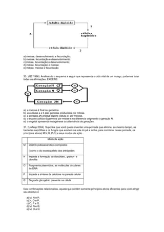 a) meiose, desenvolvimento e fecundação;
b) meiose, fecundação e desenvolvimento;
c) mitose, fecundação e desenvolvimento;
d) mitose, fecundação e meiose;
e) mitose, meiose e fecundação


30.. (G2 1996) Analisando o esquema a seguir que representa o ciclo vital de um musgo, podemos fazer
todas as afirmações, EXCETO:




a)   a meiose é final ou gamética.
b)   as células a e b são gametas produzidos por mitose.
c)   a geração 2N produz esporo (célula d) por meiose.
d)   o esporo (célula d) germina por mitose e se diferencia originando a geração N.
e)   o vegetal apresenta metagênese ou alternância de gerações.

31. (Unifesp 2004) Suponha que você queira inventar uma pomada que elimine, ao mesmo tempo, as
bactérias saprófitas e os fungos que existem na sola do pé e tenha, para combinar nessa pomada, os
princípios ativos( M,N,O, P,Q) e seus modos de ação .

                       Modo de ação

M     Destrói polissacarídeos compostos

      ( como o do exoesqueleto dos artrópodes

N     Impede a formação de tilacóides , granun e
      clorofila

O     Fragmenta plasmídios, as moléculas circulares
      de DNA

P     Impede a síntese de celulose na parede celular

Q     Degrada glicogênio presente na célula


Das combinações relacionadas, aquela que contém somente princípios ativos eficientes para você atingir
seu objetivo é

     a) M, N e P.
     b) N, O e P.
     c) O, P e Q.
     d) M, N e Q.
     e) M, O e Q
 