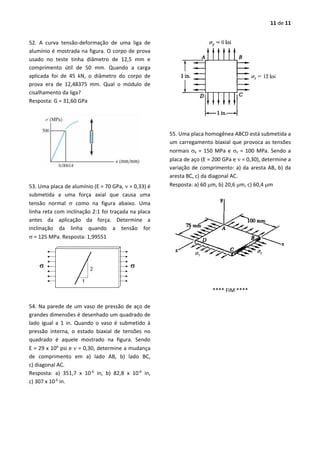 11 de 11
52. A curva tensão-deformação de uma liga de
alumínio é mostrada na figura. O corpo de prova
usado no teste tinha diâmetro de 12,5 mm e
comprimento útil de 50 mm. Quando a carga
aplicada foi de 45 kN, o diâmetro do corpo de
prova era de 12,48375 mm. Qual o módulo de
cisalhamento da liga?
Resposta: G = 31,60 GPa
53. Uma placa de alumínio (E = 70 GPa,  = 0,33) é
submetida a uma força axial que causa uma
tensão normal  como na figura abaixo. Uma
linha reta com inclinação 2:1 foi traçada na placa
antes da aplicação da força. Determine a
inclinação da linha quando a tensão for
 = 125 MPa. Resposta: 1,99551
54. Na parede de um vaso de pressão de aço de
grandes dimensões é desenhado um quadrado de
lado igual a 1 in. Quando o vaso é submetido à
pressão interna, o estado biaxial de tensões no
quadrado é aquele mostrado na figura. Sendo
E = 29 x 106
psi e  = 0,30, determine a mudança
de comprimento em a) lado AB, b) lado BC,
c) diagonal AC.
Resposta: a) 351,7 x 10-6
in, b) 82,8 x 10-6
in,
c) 307 x 10-6
in.
55. Uma placa homogênea ABCD está submetida a
um carregamento biaxial que provoca as tensões
normais x = 150 MPa e z = 100 MPa. Sendo a
placa de aço (E = 200 GPa e  = 0,30), determine a
variação de comprimento: a) da aresta AB, b) da
aresta BC, c) da diagonal AC.
Resposta: a) 60 m, b) 20,6 m, c) 60,4 m
**** FIM ****
 