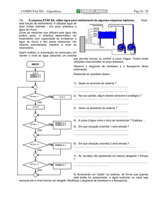 COMPUTAÇÃO – Algoritmos.

Pág 18 / 38

18)
A empresa ETAP SA. utiliza água para resfriamento de algumas máquinas injetoras.
esta função de resfriamento, é utilizada água de
duas fontes distintas : Um poço artesiano e
água da chuva.
Como as máquinas que utilizam esta água não
podem parar, a empresa desenvolveu um
reservatório com capacidade de armazenar a
água da chuva e dos poços artesianos. Um
sistema automatizado mantém o nível do
reservatório.

Para

Quem realizou a automação se preocupou em
manter o nível de água utilizando um sistema
que permita escoar ou encher a caixa d’água. Foram ainda
utilizadas duas bombas no poço artesiano.
INICIO

Observe o diagrama de hardware e o fluxograma desta
automação.

V1 0
BOMBA1 0
BOMBA2 0

Responda as questões abaixo.

1) Quais os sensores do sistema ?
..........................................................................
..........................................................................
NIVEL0 = 1

sim

V1

1

não
V1

2) Na sua opinião, algum destes sensores é analógico ?
..........................................................................
..........................................................................

0

3) Quais os atuadores do sistema ?
..........................................................................
..........................................................................
4) A caixa d’água corre o risco de transbordar ? Explique ...

NIVEL1 = 1

sim

BOMBA1
BOMBA2

0
0

não

5) Em que situação a bomba 1 será ativada ?
..........................................................................
..........................................................................

NIVEL2 = 0

sim

BOMBA1

1

não

NIVEL3 = 0

6) Em que situação a bomba 2 será ativada ?
.....................................................................................
....................................................................................................

sim

BOMBA2

1

7) As bombas irão apresentar um mesmo desgaste ? Porque
?
....................................................................................................
................................................

não
8) Acrescente um “botão” ao sistema, de forma que quando
este botão for pressionado, a água existente na caixa seja
escoada até o nível mínimo ser atingido. Modifique o diagrama de hardware e o fluxograma.

 