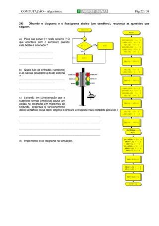 COMPUTAÇÃO – Algoritmos.

Pág 22 / 38

21)
Olhando o diagrama e o fluxograma abaixo (um semáforo), responda as questões que
seguem.
INICIO
RO T2

a) Para que serve B1 neste sistema ? O
que acontece com o semáforo quando
este botão é acionado ?

B1 = 1

.............................................

NÃO

.............................................

SIM

ROT1

VERMELHO1 <-- 1
AMARELO1 <-- 0
VERDE1 <-- 0
VERMELHO2 <-- 0
AMARELO2 <-- 0
VERDE2 <-- 1

ROT2

TEMPO(45000)

.............................................
b) Quais são as entradas (sensores)
e as saídas (atuadores) deste sistema
?
.............................................................
................................................

VERDE2 <-- 0
AMARELO2 <-- 1

.............................................................
................................................

AMARELO2 <-- 0
VERMELHO2 <-- 1
VERMELHO1 <-- 0
VERDE1 <-- 1

c) Levando em consideração que a
subrotina tempo (implícita) causa um
atraso no programa em milésimos de
segundo, descreva o funcionamento
deste semáforo. (seja claro, objetivo e procure a resposta mais completa possível.)

TEMPO(15000)

TEMPO(45000)

VERDE1 <-- 0
AMARELO1 <-- 1

.............................................................................................................
.............................................................................................................
.............................................................................................................
.............................................................................................................
d) Implemente este programa no simulador.

TEMPO(15000)

R E TO RNE

 