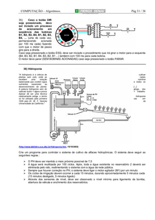 COMPUTAÇÃO – Algoritmos.

Pág 31 / 38

35)
Caso o botão DIR
seja pressionado, deve
ser inciado um processo
de
acionamento
em
seqüência das bobinas
B1, B2, B3, B4, B1, B2, B3,
B4, ... (uma de cada vez,
permanecendo
acionada
por 100 ms cada) fazendo
com que o motor de passo
gire para a direita.
Caso seja pressionado o botão ESQ, deve ser iniciado o procedimento que irá girar o motor para a esquerda
(B4, B3, B2, B1, B4, B3, B2, B1 ...) também com 100 ms para cada bobina.
O motor deve parar (SEM BOBINAS ACIONADAS) caso seja pressionado o botão PARAR.

36) Hidroponia
"A hidroponia é a ciência de
plantas sem solo, onde as
recebem
uma
solução
balanceada que contém água
nutrientes
essenciais
ao
desenvolvimento da planta.
A palavra hidroponia vem do
radicais hydro = água e ponos
Apesar de ser uma técnica
relativamente antiga, o termo
só foi utilizado pela primeira
1935 pelo Dr. W. F. Gericke
Universidade da Califórnia."

cultivar
raízes
nutritiva
e todos os
[...]
grego, dos
= trabalho.
hidroponia
vez
em
da

(http://www.labhidro.cca.ufsc.br/hidroponia.htm, 16/10/2003)

Crie um programa para controlar o sistema de cultivo de alfaces hidropônicas. O sistema deve seguir as
seguintes regras :
O PH deve ser mantido o mais próximo possível de 7,5
A água será reutilizada por 100 ciclos. Após, toda a água existente no reservatório 2 deverá ser
eliminada pelo ralo, realimentando o sistema com a água da rede pública.
Sempre que houver correção no PH, o sistema deve ligar o motor agitador (M1) por um minuto.
Os ciclos de irrigação devem ocorrer a cada 15 minutos, durando aproximadamente 5 minutos cada.
(15 minutos desligado, 5 minutos ligado)
Através dos sensores de nível, deve ser observado o nível mínimo para ligamento da bomba,
abertura da válvula e enchimento dos reservatórios.

 
