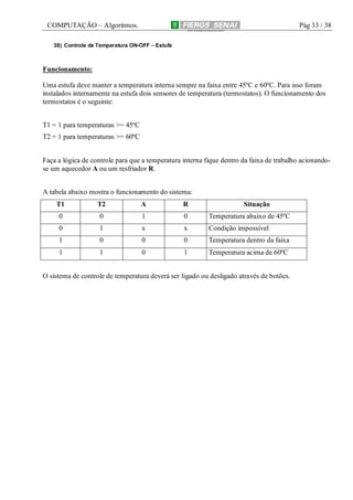 COMPUTAÇÃO – Algoritmos.

Pág 33 / 38

38) Controle de Temperatura ON-OFF – Estufa

Funcionamento:
Uma estufa deve manter a temperatura interna sempre na faixa entre 45ºC e 60ºC. Para isso foram
instalados internamente na estufa dois sensores de temperatura (termostatos). O funcionamento dos
termostatos é o seguinte:
T1 = 1 para temperaturas >= 45ºC
T2 = 1 para temperaturas >= 60ºC
Faça a lógica de controle para que a temperatura interna fique dentro da faixa de trabalho acionandose um aquecedor A ou um resfriador R.
A tabela abaixo mostra o funcionamento do sistema:
T1

T2

A

R

Situação

0

0

1

0

Temperatura abaixo de 45ºC

0

1

x

x

Condição impossível

1

0

0

0

Temperatura dentro da faixa

1

1

0

1

Temperatura acima de 60ºC

O sistema de controle de temperatura deverá ser ligado ou desligado através de botões.

 