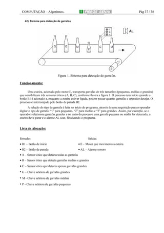 COMPUTAÇÃO – Algoritmos.

Pág 37 / 38

42) Sistema para detecção de garrafas

Figura 1. Sistema para detecção de garrafas.
Funcionamento:
Uma esteira, acionada pelo motor E, transporta garrafas de três tamanhos (pequenas, médias e grandes)
que sensibilizam três sensores óticos (A, B, C), conforme ilustra a figura 1. O processo tem início quando o
botão B1 é acionado e, enquanto a esteira estiver ligada, podem passar quantas garrafas o operador desejar. O
processo é interrompido pelo botão de parada B2.
A seleção do tipo de garrafa é feita no início do programa, através de uma requisição para o operador
digitar o tipo de garrafa: “1” para pequenas, “2” para médias e “3” para grandes. Assim, por exemplo, se o
operador selecionou garrafas grandes e no meio do processo uma garrafa pequena ou média for detectada, a
esteira deve parar e o alarme AL soar, finalizando o programa.

Lista de Alocação:
Entradas:

Saídas:

• B1 – Botão de início

• E – Motor que movimenta a esteira

• B2 – Botão de parada

• AL – Alarme sonoro

• A – Sensor ótico que detecta todas as garrafas
• B – Sensor ótico que detecta garrafas médias e grandes

• C – Sensor ótico que detecta apenas garrafas grandes

• G – Chave seletora de garrafas grandes
• M - Chave seletora de garrafas médias
• P - Chave seletora de garrafas pequenas

 