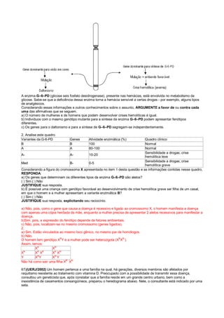 A enzima G–6–PD (glicose seis fosfato desidrogenase), presente nas hemácias, está envolvida no metabolismo da
glicose. Sabe-se que a deficiência dessa enzima torna a hemácia sensível a certas drogas - por exemplo, alguns tipos
de analgésicos.
Considerando essas informações e outros conhecimentos sobre o assunto, ARGUMENTE a favor de ou contra cada
uma das afirmativas que se seguem.
a) O número de mulheres e de homens que podem desenvolver crises hemolíticas é igual.
b) Indivíduos com o mesmo genótipo mutante para a síntese da enzima G–6–PD podem apresentar fenótipos
diferentes.
c) Os genes para o daltonismo e para a síntese de G–6–PD segregam-se independentemente.
2. Analise este quadro
Variantes da G-6-PD Genes Atividade enzimática (%) Quadro clínico
B B 100 Normal
A A 80-100 Normal
A- A- 10-20
Sensibilidade a drogas; crise
hemolítica leve
Med B- 0-5
Sensibilidade a drogas; crise
hemolítica grave
Considerando a figura do cromossoma X apresentada no item 1 desta questão e as informações contidas nesse quadro,
RESPONDA:
a) Os genes que determinam os diferentes tipos da enzima G–6–PD são alelos?
( ) Sim ( ) Não
JUSTIFIQUE sua resposta.
b) É possível uma criança com genótipo favorável ao desenvolvimento de crise hemolítica grave ser filha de um casal,
em que o homem e a mulher apresentam a variante enzimática B?
( ) Sim ( ) Não
JUSTIFIQUE sua resposta, explicitando seu raciocínio.
a) Não, pois, como o gene que causa a doença é recessivo e ligado ao cromossomo X, o homem manifesta a doença
com apenas uma cópia herdada da mãe, enquanto a mulher precisa de apresentar 2 alelos recessivos para manifestar a
doença.
b)Sim, pois, a expressão do fenótipo depende de fatores ambientais.
c) Não, pois, localizam-se no mesmo cromossomo (genes ligados).
2.
a) Sim. Estão vinculados ao mesmo loco gênico, no mesmo par de homólogos.
b) Não.
O homem tem genótipo XB
Y e a mulher pode ser heterozigota (XB
XB-
).
Assim, temos:
X
B
X
B-
X
B
X
B
X
B
X
B
X
B-
Y XB
Y XB-
Y
Não há como sair uma filha XB-
XB-
67)(UERJ/2002) Um homem pertence a uma família na qual, há gerações, diversos membros são afetados por
raquitismo resistente ao tratamento com vitamina D. Preocupado com a possibilidade de transmitir essa doença,
consultou um geneticista que, após constatar que a família reside em um grande centro urbano, bem como a
inexistência de casamentos consangüíneos, preparou o heredograma abaixo. Nele, o consultante está indicado por uma
seta.
 
