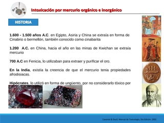 Intoxicación por mercurio orgánico e inorgánicoIntoxicación por mercurio orgánico e inorgánico
1.600 - 1.500 años A.C. en Egipto, Asiria y China se extraía en forma de
Cinabrio o bermellón, también conocido como cinabarita
1.200 A.C. en China, hacia el año en las minas de Kwichan se extraía
mercurio
700 A.C en Fenicia, lo utilizaban para extraer y purificar el oro.
En la India, existía la creencia de que el mercurio tenia propiedades
afrodisiacas.
Hipócrates, lo utilizó en forma de ungüento, por no considerarlo tóxico por
vía dérmica.
Casarett & Doull. Manual de Toxicología, 5ta Edición. 2001
 