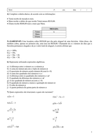 Nome:

nº.

ano:

data:

/

/

4) Complete a tabela abaixo, de acordo com as informações:
• Tainá recebe de mesada x reais.
• Mara recebe o dobro do que recebe Tainá menos R$10,00.
• Eliana recebe R$40,00 reais a mais que Mara.

Tainá
Mara
Eliana

MESADA
x

5) (SARESP-SP) Uma locadora cobra R$20,00 por dia pelo aluguel de uma bicicleta. Além disso, ela
também cobra, apenas no primeiro dia, uma taxa de R$30,00. Chamando de x o número de dias que a
bicicleta permanece alugada e de y o valor total do aluguel, é correto afirmar que
a) y = 600x.
b) y = 50x.
c) y = 30x + 20.
d) y = 20x + 30.
6) Represente utilizando expressões algébricas.
a)
b)
c)
d)
e)
f)
g)
h)
i)
j)

A diferença entre o número x e o número y
A soma do número m com o triplo do número n
O quociente do número a pelo número b (com b ≠ 0)
A soma dos quadrados dos números r e s
A diferença entre os quadrados dos números c e d
O quadrado da diferença dos números c e d
A raiz quadrada do número a (com a ≥ 0)
O quadrado do número z menos o quíntuplo do número w
O cubo do número y
A quarta potência da quinta parte do número x

7) Quais expressões são irracionais e quais são racionais?
a )2x + 3

f )3x 2 − 5x + 3

b) 2 x − 3

g )5a + 3 b

c)

d)

5 + 2x
3
x−y
3

e)2 a 3b + 5ab

h)

i)

a+b
3ab

−9
y

j)2 24 x + ab
2

 