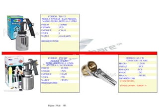 CODIGO : TG-112
PISTOLA P/PINTAR - BAJA PRESION,
MANGO NEGRO, BOTELLA 1 LITRO
PRECIO
UNIDAD
EMPAQUE
STOCK
MARCA
: 14.9000
: PCS
: CJA10
:1
: GALEAZZI
000160820121500
.
.
825 - WUFU
CODIGO : 472C WF
PISTOLA DE AIRE -
P/PINTAR,BOQUILLA 1.2MM,
BOTELLA 1L, ACCESORIOS
PRECIO : 13.5810
UNIDAD : PCS
EMPAQUE : CJA20
STOCK : 596
MARCA : WUFU
00029102013800
.
.
CODIGO : AC-1 W
CONECTOR - DE AIRE
PRECIO : 1.2450
UNIDAD : PCS
EMPAQUE : PCS
STOCK : 242
MARCA : WUFU
00024082011500
1-VENC/OFERTA
COND/CANTMIN : TODOS - 0
Página 59 de 185
 