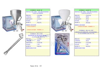 CODIGO : B-001 W
PISTOLA DE AIRE - ESCARCHADORA
TASA ALUMINIO
PRECIO
UNIDAD
EMPAQUE
STOCK
MARCA
: 26.2048
: PCS
: CJA10
:7
: WUFU
CODIGO : B-002 W
PISTOLA DE AIRE - ESCARCHADORA
TASA PLASTICA
PRECIO
UNIDAD
EMPAQUE
STOCK
MARCA
: 24.8156
: PCS
: PCS
: 100
: WUFU
00004112010100
1-VENC/OFERTA
COND/CANTMIN : TODOS - 0
CODIGO : DC-2 WF
MEDIDOR DE PRESION - PARA
LLANTA DE AUTO
PRECIO
UNIDAD
EMPAQUE
STOCK
MARCA
: 2.2580
: PCS
: CJA150
: 110
: WUFU
00029102013150
.
.
00004112010200
COND/CANTMIN : TODOS - 0
CODIGO : DG-10-1 WF
PISTOLA P/ SOPLETE - EN BLISTER
S/ ACCESORIO (DG-10-1 W)
PRECIO
UNIDAD
EMPAQUE
STOCK
MARCA
: 3.0320
: PCS
: CJA100
: 132
: WUFU
00029102013300
.
.
Página 60 de 185
 