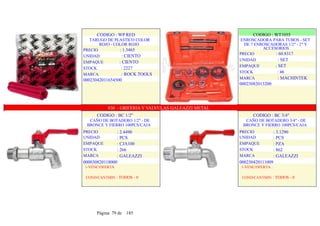 CODIGO : WP RED
TARUGO DE PLASTICO COLOR
ROJO - COLOR ROJO
PRECIO : 1.3465
UNIDAD : CIENTO
EMPAQUE : CIENTO
STOCK : 2227
MARCA : ROCK TOOLS
00023042011654500
.
CODIGO : WT1055
ENROSCADORA PARA TUBOS - SET
DE 7 ENROSCADORAS 1/2" - 2" Y
ACCESORIOS
PRECIO : 60.8317
UNIDAD : SET
EMPAQUE : SET
STOCK : 46
MARCA : MACHINTEK
00023082013200
.
..
830 - GRIFERIA Y VALVULAS GALEAZZI METAL
CODIGO : BC 1/2"
CAÑO DE BOTADERO 1/2" - DE
BRONCE Y FIERRO 100PCS/CAJA
PRECIO
UNIDAD
EMPAQUE
STOCK
MARCA
: 2.4490
: PCS
: CJA100
: 266
: GALEAZZI
000030820118000
1-VENC/OFERTA
COND/CANTMIN : TODOS - 0
CODIGO : BC 3/4"
CAÑO DE BOTADERO 3/4" - DE
BRONCE Y FIERRO 100PCS/CAJA
PRECIO
UNIDAD
EMPAQUE
STOCK
MARCA
: 3.1290
: PCS
: PZA
: 862
: GALEAZZI
000230420111009
1-VENC/OFERTA :
COND/CANTMIN : TODOS - 0
Página 79 de 185
 