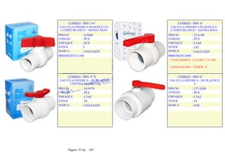 CODIGO : PBV 3/4"
VALVULA ESFERICA PLASTICO 3/4 -
CUERPO BLANCO + MANIJA ROJA
PRECIO
UNIDAD
EMPAQUE
STOCK
MARCA
: 0.9980
: PCS
: PCS
:5
: GALEAZZI
0002602201311340
.
.
CODIGO : PBV 4"
VALVULA ESFERICA PLASTICO 4 -
CUERPO BLANCO + MANIJA ROJA
PRECIO
UNIDAD
EMPAQUE
STOCK
MARCA
: 25.8190
: PCS
: CJA8
: 242
: GALEAZZI
00001062012400
1-VENC/OFERTA : 31/12/2013 - 16.7340
COND/CANTMIN : TODOS - 0
CODIGO : PBV 4" N
VALVULA ESFERICA - DE PLASTICO
4 MANIJA MARIPOSA
PRECIO
UNIDAD
EMPAQUE
STOCK
MARCA
: 24.9570
: PCS
: CJA8
: 56
: GALEAZZI
CODIGO : PBV 6"
VALVULA ESFERICA - DE PLASTICO
6
PRECIO
UNIDAD
EMPAQUE
STOCK
MARCA
: 127.4200
: PCS
: CJA2
: 53
: S/M
Página 93 de 185
 