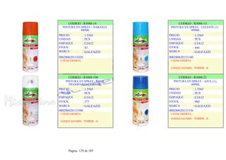CODIGO : R3088-14
PINTURA EN SPRAY - NARANJA
400ML
PRECIO
UNIDAD
EMPAQUE
STOCK
MARCA
: 1.5565
: PCS
: CJA12
: 43
: GALEAZZI
CODIGO : R3088-15
PINTURA EN SPRAY - CELESTE (1)
400ML
PRECIO
UNIDAD
EMPAQUE
STOCK
MARCA
: 1.5565
: PCS
: CJA12
: 446
: GALEAZZI
000280620131020
1-VENC/OFERTA
CODIGO : R3088-190
PINTURA EN SPRAY - LACA
TRANSPARENTE 400ML
PRECIO
UNIDAD
EMPAQUE
STOCK
MARCA
: 1.5565
: PCS
: CJA12
: 377
: GALEAZZI
000280620131500
1-VENC/OFERTA
COND/CANTMIN : TODOS - 0
000280620131140
1-VENC/OFERTA
COND/CANTMIN : TODOS - 0
CODIGO : R3088-21
PINTURA EN SPRAY - AZUL (1),
400ML
PRECIO
UNIDAD
EMPAQUE
STOCK
MARCA
: 1.5565
: PCS
: CJA12
: 980
: GALEAZZI
000280620131536
1-VENC/OFERTA :
COND/CANTMIN : TODOS - 0
Página 129 de 185
 