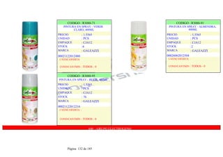 CODIGO : R3088-71
PINTURA EN SPRAY - VERDE
CLARO, 400ML
PRECIO
UNIDAD
EMPAQUE
STOCK
MARCA
: 1.5565
: PCS
: CJA12
:4
: GALEAZZI
CODIGO : R3088-91
PINTURA EN SPRAY - ALMENDRA,
400ML
PRECIO
UNIDAD
EMPAQUE
STOCK
MARCA
: 1.5565
: PCS
: CJA12
:2
: GALEAZZI
00026062012504
1-VENC/OFERTA :
COND/CANTMIN : TODOS - 0
00021122012480
1-VENC/OFERTA
COND/CANTMIN : TODOS - 0
CODIGO : R3088-95
PINTURA EN SPRAY - BEIGE, 400ML
PRECIO
UNIDAD
EMPAQUE
STOCK
MARCA
: 1.5565
: PCS
: CJA12
: 76
: GALEAZZI
00021122012216
1-VENC/OFERTA :
COND/CANTMIN : TODOS - 0
840 - GRUPO ELECTROGENO
Página 132 de 185
 