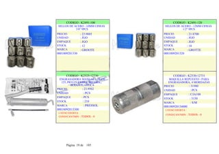 CODIGO : K2491-100
SELLOS DE ACERO - 10MM CIFRAS
3/8" 9PCS
: 23.9885
: JGO
: JGO
: 12
: GROOTE
PRECIO
UNIDAD
EMPAQUE
STOCK
MARCA
0001809201330
.
.
CODIGO : K2491-120
SELLOS DE ACERO - 12MM CIFRAS
1/2" 9PCS
: 21.8700
: JGO
: JGO
: 18
: GROTTE
PRECIO
UNIDAD
EMPAQUE
STOCK
MARCA
0001809201320
.
.
CODIGO : K2525-12730
ENGRASADORA MANUAL - 12 630
125, PICO FLEXIBLE PRESSOL,
BOLSA PLASTICA
PRECIO : 23.9502
UNIDAD : PCS
EMPAQUE : PCS
STOCK : 218
MARCA : PRESSOL
00018092013300
1-VENC/OFERTA :
COND/CANTMIN : TODOS - 0
CODIGO : K2530-12731
BOQUILLA REPUESTO - PARA
ENGRASADORA, 4 MORDAZAS
PRECIO : 31980
UNIDAD : PCS
EMPAQUE : CJA100
STOCK : 3150
MARCA : S/M
000180920134000
1-VENC/OFERTA :
COND/CANTMIN : TODOS - 0
Página 19 de 185
 