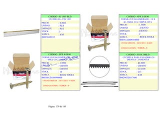 CODIGO : SJ 1503 BLD
CUCHILLAS - P/SJ 1503
: 8.4863
: PZA
: PCS
:3
: S/M
PRECIO
UNIDAD
EMPAQUE
STOCK
MARCA
000230420113
.
CODIGO : SPX 3.0X40
TORNILLO P/AGLOMERADO - 3.0 X
40 - 8MILL CJA / 500PCS CJTA
PRECIO : 1.5600
UNIDAD : CIENTO
EMPAQUE : CIENTO
STOCK :2
MARCA : ROCK TOOLS
00018122008584000
.
CODIGO : SPX 4.0X40
TORNILLO P/AGLOMERADO - 4.0X40
- 6MLL CJA / 1000PCS CJTA
PRECIO
UNIDAD
EMPAQUE
STOCK
MARCA
: 1.5090
: CIENTO
: CIENTO
: 10
: ROCK TOOLS
000180120104998000
1-VENC/OFERTA : 30/11/2013 - 0.4268
COND/CANTMIN : TODOS - 0
1-VENC/OFERTA : 30/12/2013 - 0.4695
COND/CANTMIN : TODOS - 0
CODIGO : SS16 24BLD
CUCHILLA PARA CALADORA 24
DIENTES - 24 DIENTES
PRECIO
UNIDAD
EMPAQUE
STOCK
MARCA
: 40.3093
: CIENTO
: CJA100
: 213
: S/M
000290320117600
.
.
Página 179 de 185
 