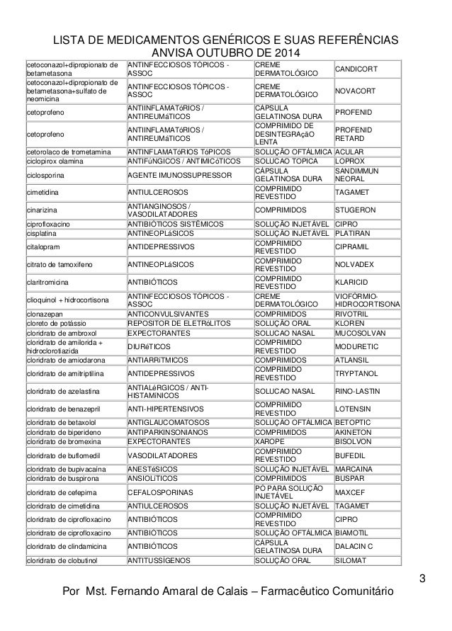 Lista de Medicamentos Genéricos e suas Referências Lista de Medicamentos Genéricos e suas Referências