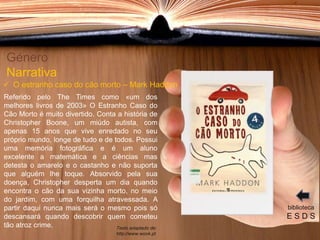 Referido pelo The Times como «um dos
melhores livros de 2003» O Estranho Caso do
Cão Morto é muito divertido. Conta a história de
Christopher Boone, um miúdo autista, com
apenas 15 anos que vive enredado no seu
próprio mundo, longe de tudo e de todos. Possui
uma memória fotográfica e é um aluno
excelente a matemática e a ciências mas
detesta o amarelo e o castanho e não suporta
que alguém lhe toque. Absorvido pela sua
doença, Christopher desperta um dia quando
encontra o cão da sua vizinha morto, no meio
do jardim, com uma forquilha atravessada. A
partir daqui nunca mais será o mesmo pois só
descansará quando descobrir quem cometeu
tão atroz crime.
Género
Narrativa
biblioteca
E S D S
 O estranho caso do cão morto – Mark Haddon
Texto adaptado de:
http://www.wook.pt
 