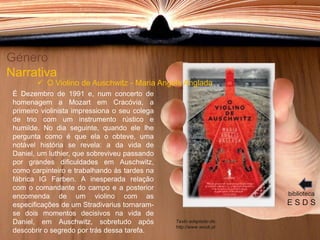 É Dezembro de 1991 e, num concerto de
homenagem a Mozart em Cracóvia, a
primeiro violinista impressiona o seu colega
de trio com um instrumento rústico e
humilde. No dia seguinte, quando ele lhe
pergunta como é que ela o obteve, uma
notável história se revela: a da vida de
Daniel, um luthier, que sobreviveu passando
por grandes dificuldades em Auschwitz,
como carpinteiro e trabalhando às tardes na
fábrica IG Farben. A inesperada relação
com o comandante do campo e a posterior
encomenda de um violino com as
especificações de um Stradivarius tornaram-
se dois momentos decisivos na vida de
Daniel, em Auschwitz, sobretudo após
descobrir o segredo por trás dessa tarefa.
Género
Narrativa
biblioteca
E S D S
Texto adaptado de:
http://www.wook.pt
 O Violino de Auschwitz - Maria Angels Anglada
 