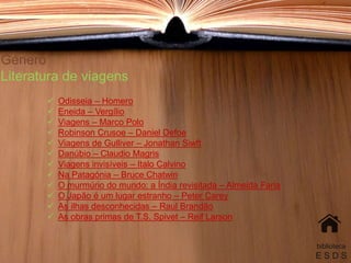 Género
Literatura de viagens
 Odisseia – Homero
 Eneida – Vergílio
 Viagens – Marco Polo
 Robinson Crusoe – Daniel Defoe
 Viagens de Gulliver – Jonathan Siwft
 Danúbio – Claudio Magris
 Viagens invisíveis – Italo Calvino
 Na Patagónia – Bruce Chatwin
 O murmúrio do mundo: a Índia revisitada – Almeida Faria
 O Japão é um lugar estranho – Peter Carey
 As ilhas desconhecidas – Raul Brandão
 As obras primas de T.S. Spivet – Reif Larson
biblioteca
E S D S
 