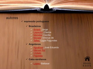 autores
biblioteca
E S D S
 expressão portuguesa
 Brasileiros
 Amado, Jorge
 Lispector, Clarice
 Meireles, Cecília
 Moraes, Vinicius de
 Telles, Lygia Fagundes
 Angolanos
 Agualusa, José Eduardo
 Manuel Rui
 Ondjaki
 Pepetela
 Cabo-verdianos
 Lopes, Baltasar
 