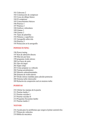 181 Calaveras 2
182 Construcción de compresor
183 Curso de dibujo básico
184 El compresor
185 Conocimientos básicos
186 Práctica 1
187 Práctica 2
188 Gráficos vehiculares
189 Llamas 1
190 Llamas 2
191 Tipos de plantillas
192 Pinturas y superficies
193 Aerografía sobre tela
194 Práctica 3
195 Protección en la aerografía

POWER TUNING

196 Power tuning
197 Kits de admisión directa
198 Más km por hora
199 preguntas óxido nitroso
200 Las luces de neón
201 Ojos de ángel
202 Super chips
203 Cómo preparar su vehículo
204 Tuning aerodinámico
205 Motores sobrealimentados
206 Sistema de óxido nitroso
207 Óxido nitroso medidas para calcular potencias
208 Sistema turbo intercooler
209 Relación de compresión real en motores turbo

PUERTAS

210 Afeitar las manijas de la puerta
211 Puertas lambo 1
212 Puertas suicidas I
213 Puertas suicidas II
214 Preguntas frecuentes lambo
215 Puertas lambo 2

NUEVOS

216 Ayuda para los problemas que surgen al pintar automóviles
217 Pintura de vehículos
218 Biblia de mecánica
 