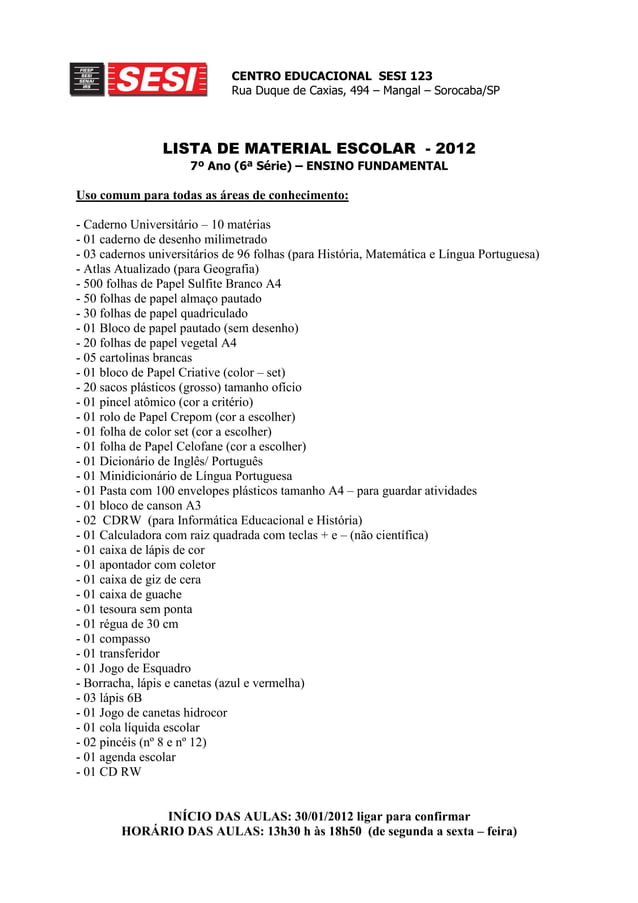 Lista de material escolar 7o ano fundamental SESI 123 | PDF