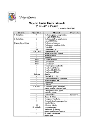 Colégio Letrinhas
Material Ensino Básico Integrado
3º ciclo (7º e 8º anos)
Ano letivo 2016/2017
Disciplina Quantidade Material Observações
7 disciplinas 7 Cadernos pautados agrafados
ou espiral 120 folhas
2 disciplinas 2 Cadernos xadrez agrafados ou
espiral 120 folhas
Expressão Artística 1 Caderno A4 pautado
1 Caderno de papel cavalinho
1 Pasta L80
10 Lápis de carvão
1 (de cada) Porta minas 0.5; 0.7
2 Borracha branca grande
1 Borracha mista
1 Afiadeira
1 kit Canetas de feltro
1 kit Lápis de cor
1 kit Lápis de cera
1 Tesoura pontas redondas
1 Cola baton UHU XL
1 Cola líquida UHU XL
1 Cola branca 250 ml
1 (litro) Guache
4 Pincéis 2, 9, 12 (2)
1 Pasta de plástico A4 com mola
1 Resma de papel A4
1 Papel crepe
1 Celofane
1 de cada Cartolina – preta, vermelha,
verde, branca, amarela, rosa
2 Esferográfica azul, preta,
vermelha, verde
2 Evidenciador Duas cores
1 Régua de 50 cm
1 Compasso Staedleter
1 Conjunto de régua, esquadro,
transferidor...
10 Micas de plástico
12 unidades Lenços de papel
1 Dicionário de língua
portuguesa/inglesa/francesa
1 Gramatica de língua
portuguesa
 