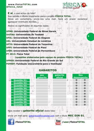 www.fisicaTOTAL.com
@fisica_total


 E aí, o que achou da lista?
 Sua opinião é muito importante para o projeto FÍSICA TOTAL.
 Deixe um comentário, envie-nos uma mail. Será um prazer esclarecer
 quaisquer eventuais dúvidas.

 Abaixo os significados de algumas siglas:

UFMG: Universidade Federal de Minas Gerais
UniTAU: Universidade de Taubaté
                                                                              6
UFAL: Universidade Federal de Alagoas
UEL: Universidade Estadual de Londrina
UFTO: Universidade Federal de Tocantins
UFPI: Universidade Federal de Piauí
UFPE: Universidade Federal de Pernambuco
FT 2013: Física Total
        (questões elaboradas pela equipe do projeto FÍSICA TOTAL)
UFRGS: Universidade Federal do Rio Grande do Sul
FUVEST: Fundação Universitária para o Vestibular


                                GABARITOS
                                 seu          gabarito               Seu
                               gabarito        oficial           desempenho
      Questão     01:                                                   
      Questão     02:                                                   
      Questão     03:                                                   
      Questão     04:                                                   
      Questão     05:                                                   
      Questão     06:                                                   
      Questão     07:                                                   
      Questão     08:                                                   
      Questão     09:                                                   
      Questão     10:                                                   


 Para receber o   gabarito oficial desta lista:

 envie um mail para: gabaritos@fisicatotal.com com o título   MEC DIN 01.

       /fisicaTOTAL                                  /user/fisicaTOTAL
 