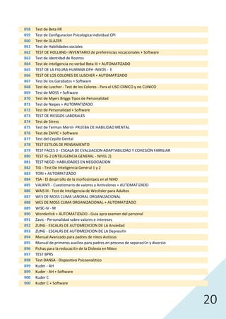 20
858 Test de Beta IIR
859 Test de Configuracion Psicologica Individual CPI
860 Test de GLAZER
861 Test de Habilidades sociales
862 TEST DE HOLLAND- INVENTARIO de preferencias vocacionales + Software
863 Test de Identidad de Rostros
864 Test de inteligencia no verbal Beta III + AUTOMATIZADO
865 TEST DE LA FIGURA HUMANA DFH -NI¥OS - E
866 TEST DE LOS COLORES DE LUSCHER + AUTOMATIZADO
867 Test de los Garabatos + Software
868 Test de Luscher - Test de los Colores - Para el USO ClINICO y no CLINICO
869 Test de MOSS + Software
870 Test de Myers Briggs Tipos de Personalidad
871 Test de Naipes + AUTOMATIZADO
872 Test de Personalidad + Software
873 TEST DE RIESGOS LABORALES
874 Test de Stress
875 Test de Terman Merril- PRUEBA DE HABILIDAD MENTAL
876 Test de ZAVIC + Software
877 Test del Cepillo Dental
878 TEST ESTILOS DE PENSAMIENTO
879 TEST FACES 3 - ESCALA DE EVALUACION ADAPTABILIDAD Y COHESION FAMILIAR
880 TEST IG-2 (INTELIGENCIA GENERAL - NIVEL 2)
881 TEST NEGO- HABILIDADES EN NEGOCIACION
882 TIG - Test De Inteligencia General 1 y 2
883 TORI + AUTOMATIZADO
884 TSA - El desarrollo de la morfosintaxis en el NI¥O
885 VALANTI - Cuestionario de valores y Antivalores + AUTOMATIZADO
886 WAIS III - Test de Inteligencia de Wechsler para Adultos
887 WES DE MOSS CLIMA LANORAL ORGANIZACIONAL
888 WES DE MOSS CLIMA ORGANIZACIONAL + AUTOMATIZADO
889 WISC-IV - M
890 Wonderlick + AUTOMATIZADO - Guia apra examen del personal
891 Zavic - Personalidad sobre valores e intereses
892 ZUNG - ESCALAS DE AUTOMEDICION DE LA Ansiedad
893 ZUNG - ESCALAS DE AUTOMEDICION DE LA Depresi¢n
894 Manual Avanzado para padres de ni¤os Autistas
895 Manual de primeros auxilios para padres en proceso de separaci¢n y divorcio
896 Fichas para la reducaci¢n de la Dislexia en NI¤os
897 TEST BPRS
898 Test DANSA - Dispositivo Psicoanal¡tico
899 Kuder - AH
899 Kuder - AH + Software
900 Kuder C
900 Kuder C + Software
 