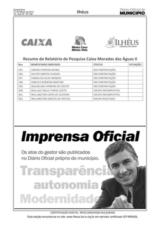 Quarta-feira
21 de Março de 2012
18 - Ano IV - Nº 794
                                                     Ilhéus




          Resumo do Relatório de Pesquisa Caixa Moradas das Águas II
    Nro          BENEFICIARIO INDICADO                             STATUS                       SITUAÇÃO
    295.         UBIRACI PEREIRA MUNIZ                             EM CONTRATAÇÃO
    296.         VALTER SANTOS CHAGAS                              EM CONTRATAÇÃO
    297.         VANDA DA SILVA MENDES                             EM CONTRATAÇÃO
    298.         VINICIUS BOMFIM MARTINS                           EM CONTRATAÇÃO
    299.         WALDELINA FERREIRA DE CRISTO                      EM CONTRATAÇÃO
    300.         WALLACE MILLE FARIAS COSTA                        GRUPO INCOMPATIVEL
    301.         WELLINGTON LOPES DE OLIVEIRA                      GRUPO INCOMPATIVEL
    302.         WELLINGTON SANTOS DE FREITAS                      GRUPO REJEITADO




                               CERTIFICAÇÃO DIGITAL: NPCEJ3DGHOQS+6UL9LBX5Q
             Esta edição encontra-se no site: www.ilheus.ba.io.org.br em servidor certificado ICP-BRASIL
 