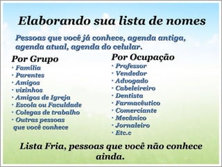 Elaborando sua lista de nomes Por Grupo Família Parentes Amigos vizinhos Amigos de Igreja Escola ou Faculdade Colegas de trabalho Outras pessoas que você conhece Por Ocupação Professor Vendedor Advogado Cabeleireiro Dentista  Farmacêutico Comerciante Mecânico Jornaleiro Etc.c Pessoas que você já conhece, agenda antiga, agenda atual, agenda do celular.  Lista Fria, pessoas que você não conhece ainda.   