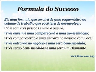 Formula do Sucesso Eis uma formula que servirá de guia esquemático do volume de trabalho que você terá de desenvolver:  Fale com três pessoas e uma o ouvirá; Três ouvem e uma comparecerá a uma apresentação; Três comparecerão e uma entrará no negócio com você; Três entrarão no negócio e uma será bem-sucedida; Três serão bem-sucedidas e uma será um Diamante. Você falou com 243  