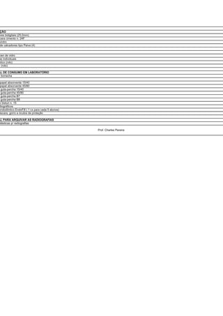 ÇÃO
ores bidigitais (25,0mm)
 para cimento n. 24F
virdro
 de calcadores tipo Paiva (4)


pen de vidro
as individuais
stico (rolo)
e (rolo)

AL DE CONSUMO EM LABORATÓRIO
   borracha
 l
 papel absorvente 15/40
 papel absorvente 45/80
   guta-percha 15/40
   guta-percha 45/80
   guta-percha B7
   guta-percha B8
e bisturi n. 15
diográficos
endodôntico EndoFill ( 1 cx para cada 5 alunos)
áscara, gorro e óculos de proteção

AL PARA ARQUIVAR AS RADIOGRAFIAS
plásticas p/ radiografias

                                                  Prof. Charles Pereira
 