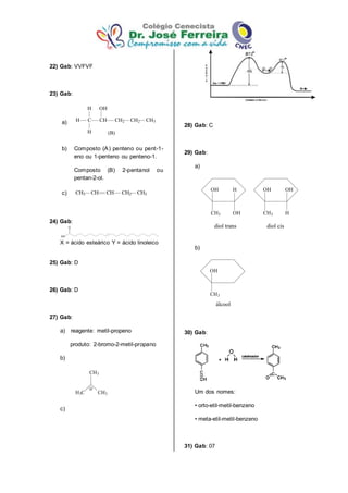 22) Gab: VVFVF
23) Gab:
a)
b) Composto (A) penteno ou pent-1-
eno ou 1-penteno ou penteno-1.
Composto (B) 2-pentanol ou
pentan-2-ol.
c) CH3 CH CH CH2 CH3
24) Gab:
O
HO
X = ácido esteárico Y = ácido linoleico
25) Gab: D
26) Gab: D
27) Gab:
a) reagente: metil-propeno
produto: 2-bromo-2-metil-propano
b)
CH3
H3C CH3
c)
28) Gab: C
29) Gab:
a)
OH
CH3 OH
H
diol trans diol cis
OH
CH3 H
OH
b)
OH
CH3
álcool
30) Gab:
Um dos nomes:
• orto-etil-metil-benzeno
• meta-etil-metil-benzeno
31) Gab: 07
C
H
CHH
H
CH2
OH
CH2 CH3
(B)
 