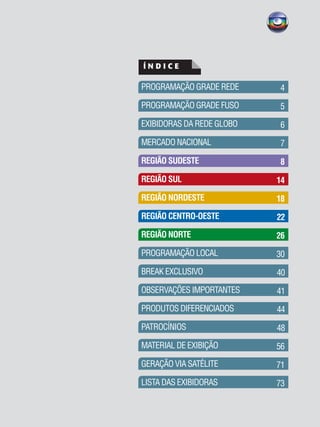 Í N D I C E
PROGRAMAÇÃO GRADE REDE	 4
PROGRAMAÇÃO GRADE FUSO	 5
EXIBIDORAS DA REDE GLOBO	 6
MERCADO NACIONAL	 7
REGIÃO SUDESTE	 8
REGIÃO SUL	 14
REGIÃO NORDESTE	 18
REGIÃO CENTRO-OESTE	 22	
REGIÃO NORTE	 26
PROGRAMAÇÃO LOCAL	 30
BREAK EXCLUSIVO	 40	
OBSERVAÇÕES IMPORTANTES	 41	
PRODUTOS DIFERENCIADOS	 44	
PATROCÍNIOS	 48	
MATERIAL DE EXIBIÇÃO	 56
GERAÇÃO VIA SATÉLITE	 71
LISTA DAS EXIBIDORAS	 73
 